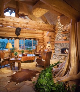 Salon maison en rondin de bois empilés de luxe